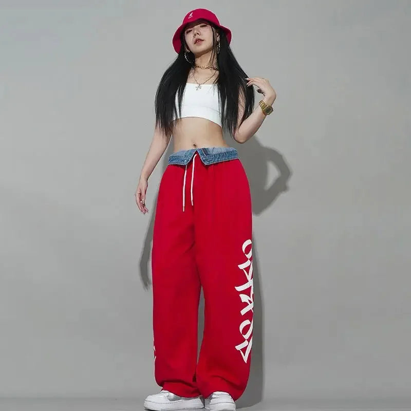Street Alphabet Red Loose Straight Drawstring Mopping Casual Pants Jazz Dance