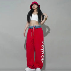 Street Alphabet Red Loose Straight Drawstring Mopping Casual Pants Jazz Dance