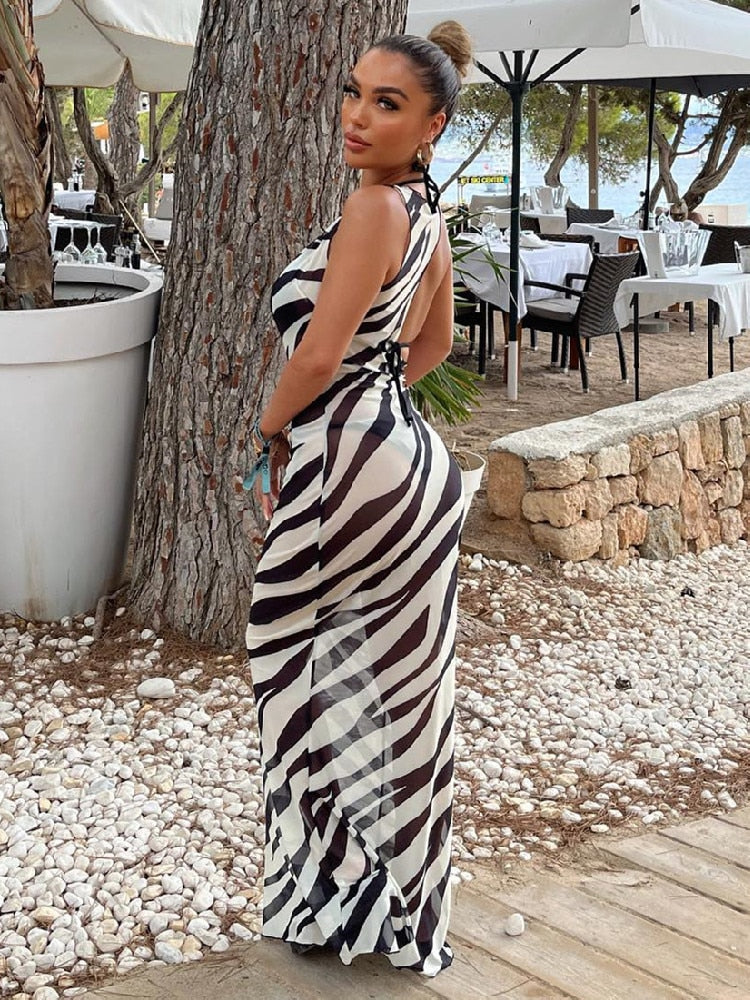 Zebra Print Beach Dress Women Bikini Dress Summer Fashion Cut Out Bodycon Dress