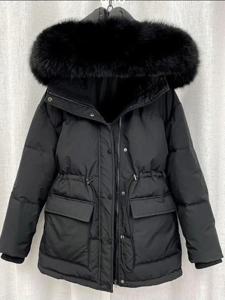 2023 Women's Thick Warm  Cotton Padded Fur Jacket with Big Fur Collar Stylish for Winter