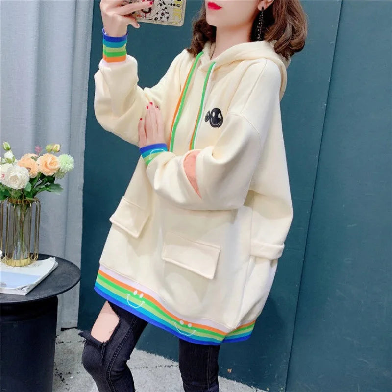 2023 Autumn Winter Korean Fashion Women Hooded Patchwork Drawstring Hoodies