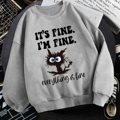 It's Fine I'm Fine Everything Is Fine Long Sleeves Cute Cat Casual Pullover Streetwear Y2k Hooded