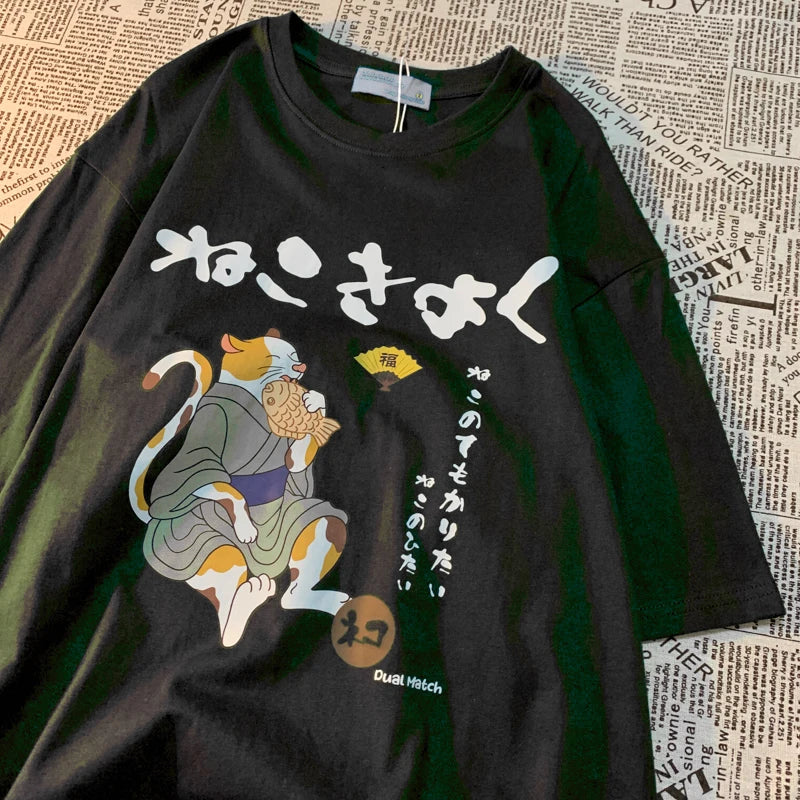 Japanese Retro Fish Cat Print T-Shirt Men