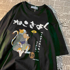 Japanese Retro Fish Cat Print T-Shirt Men