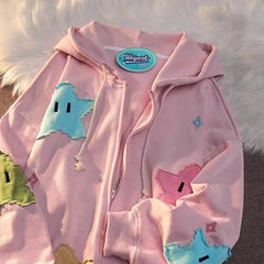 Star Patchwork Embroidered Hoodie Embrace Harajuku Kawaii Style in this Full Zip-Up Oversized Sweatshirt Shirt