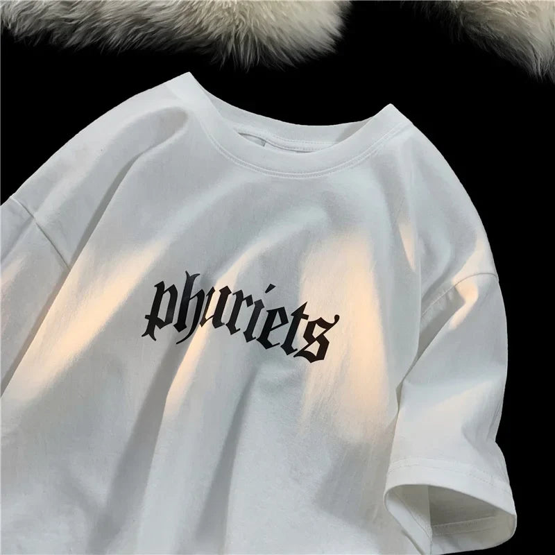 Men's Fashion Oversized White Letter Tee Casual Streetwear