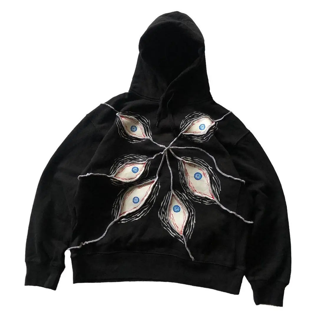 2024 Goth Eye Mask Black Hoodie Casual Patchwork Sweatshirt for Women