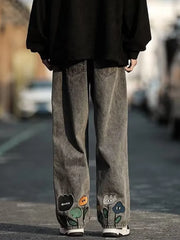 Men Flower Baggy Jeans Wide-Leg