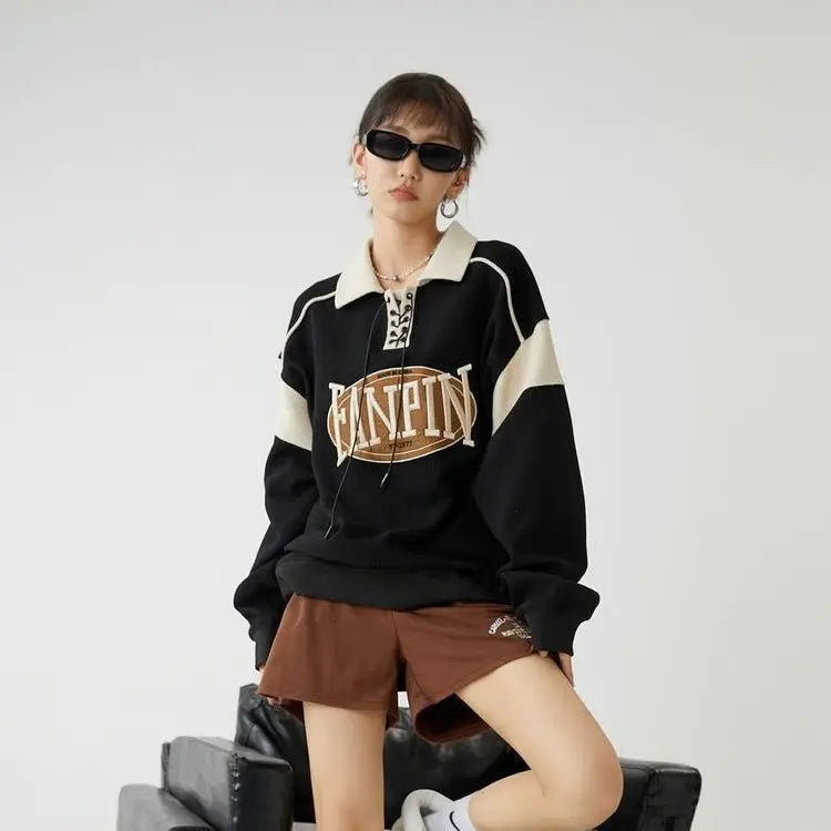 Y2K Vintage Letter Polo Sweatshirt Harajuku Kpop Oversized Patchwork Top