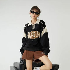 Y2K Vintage Letter Polo Sweatshirt Harajuku Kpop Oversized Patchwork Top