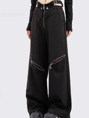 Korean Style Black Cargo Pants with Zip Pockets for Women