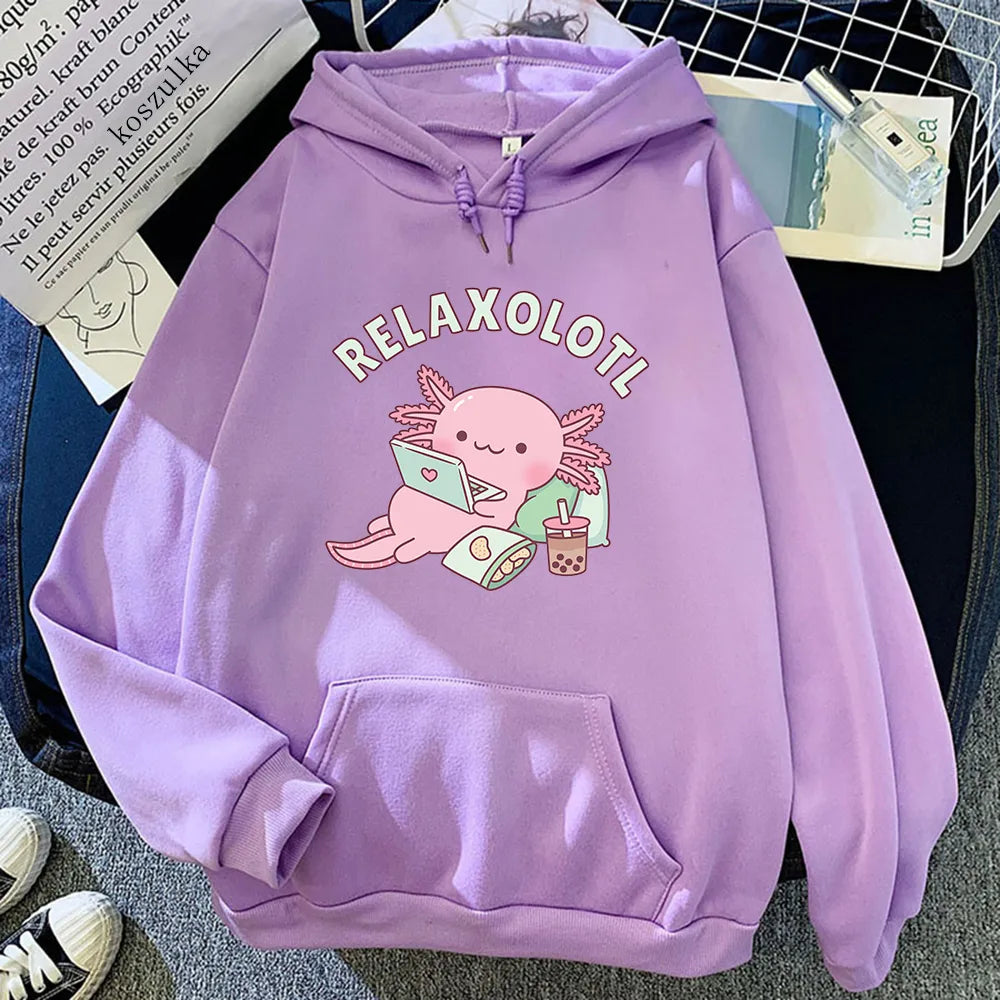 Axolotl Boba Milk Tea Hoodies for Women Kawaii Streetwear