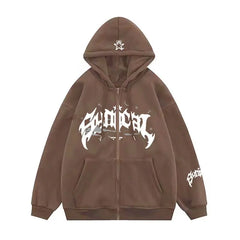 Y2K Zipper Hip Hop Letter Print Oversized Hooded Sweatshirt 2024 New Harajuku