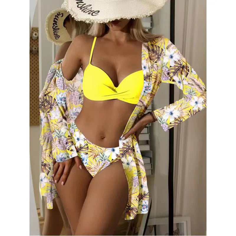 2023 Sexy Floral Print 3-Piece Bikini Set with Long Sleeve Cover-Up