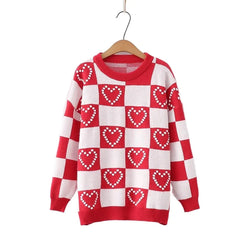 2023 Korean Fashion Sweater: Plaid Embroidery O-Neck Pullover