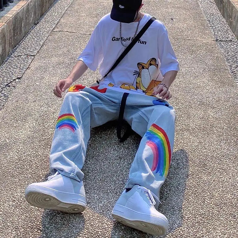 Casual Rainbow Graffiti Washed Men's Street Pants
