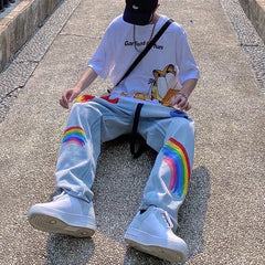 Casual Rainbow Graffiti Washed Men's Street Pants