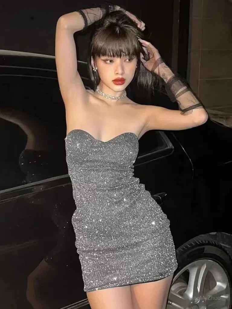 Black Glitter Silk Bodycon Mini Dress 2024 Party Club Outfit