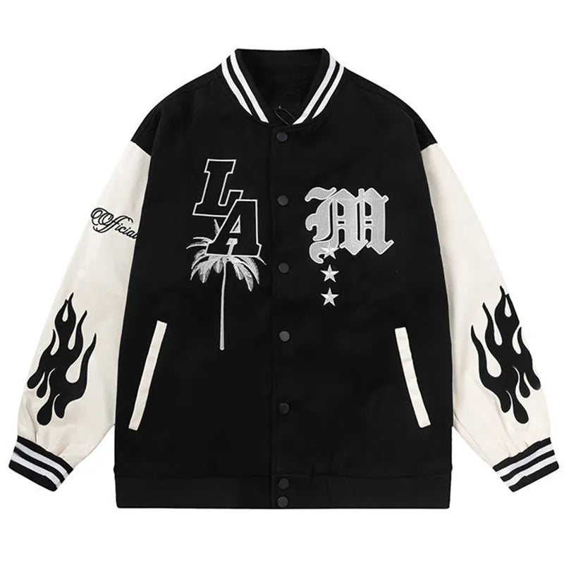 Letter Embroidery Men Baseball Jacket Y2k Flame Leather Windbreaker High Street Hip-Hop Vintage
