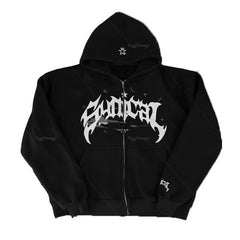Y2K Zipper Hip Hop Letter Print Oversized Hooded Sweatshirt 2024 New Harajuku