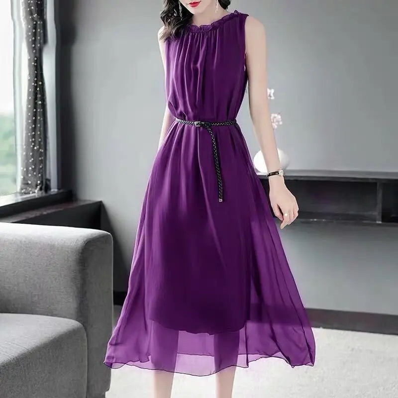 Solid Color Chiffon Dress for Women's Summer New Waistband Style Slimming