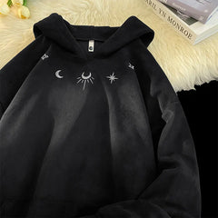 Suede Moon Embroidery Black Hoodie for Men's Autumn-Winter Wardrobe. Stay Stylishly Baggy with this Harajuku-Inspired Sweatshirt