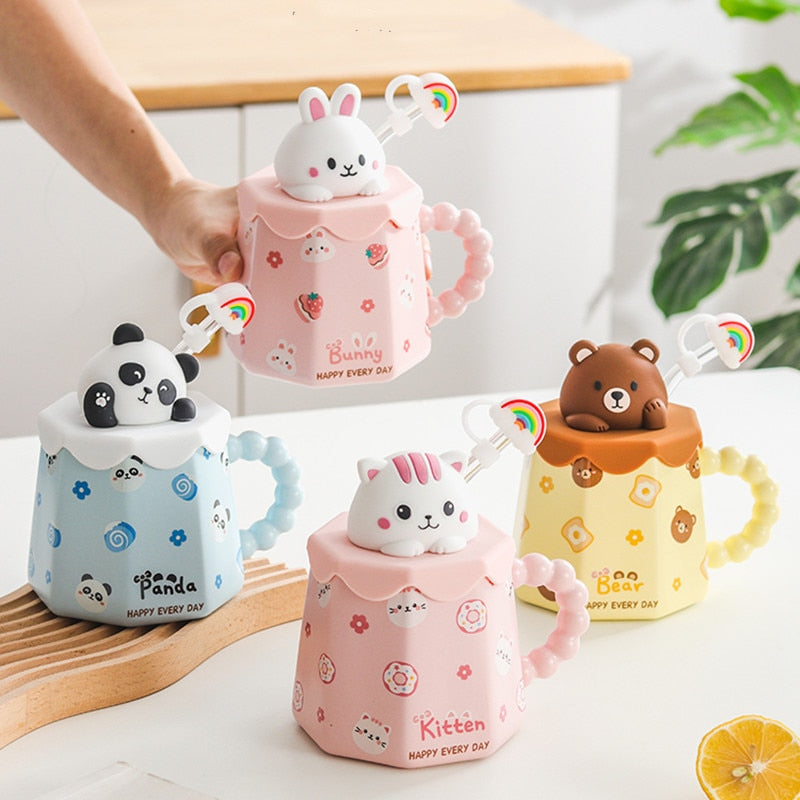 Cartoon Ceramic Mug With Lid and Spoon Creative