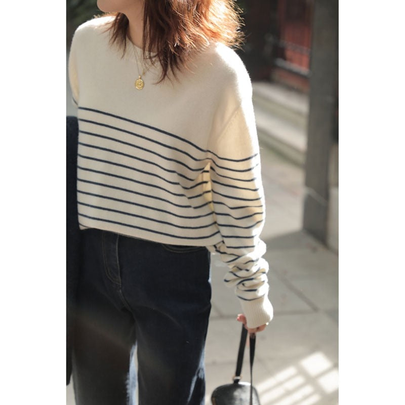 Autumn Winter New Striped  O-Neck Pullover Casual Knitted Striped Cashmere Female Sweater