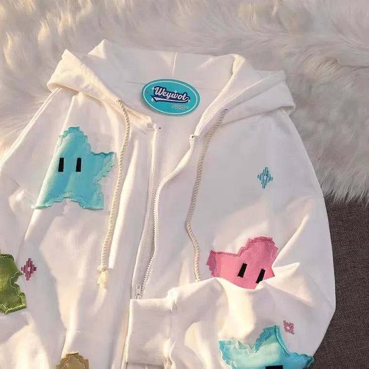 Spring Autumn Print Women's Vintage Hoodie Zip Up Tops
