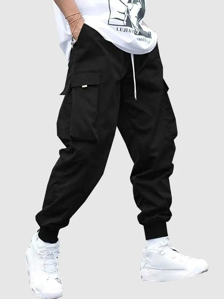 Men Cargo Pant Solid Mid Waist Elastic Tooling Trousers