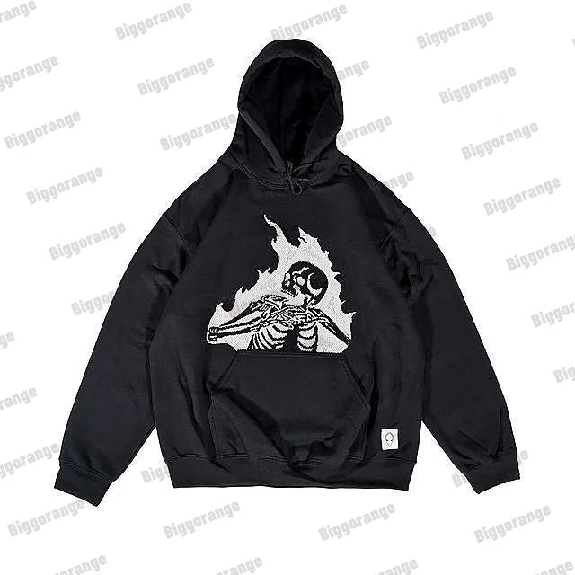 Y2K American Retro Comic Print Harajuku Street Loose Hooded Sweater for Men