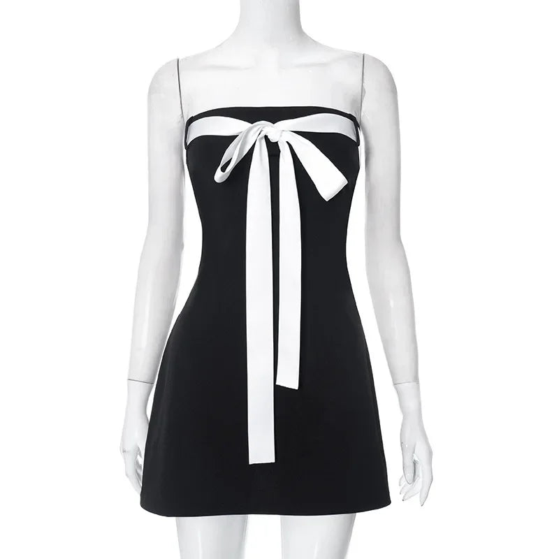 Y2K Black Backless Bow Tie Tube Top Mini Dress