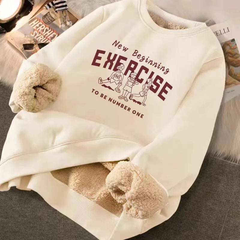 Sweatshirt Women's Winter Loose Letter Print Plush Thick Warm Fleece Pullover Top