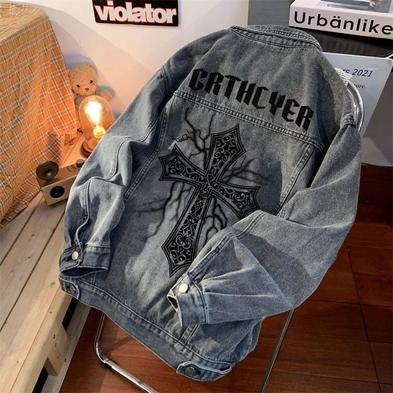 Cross Printed Denim Jacket Male Y2K Street Fashion Retro Popular Casual