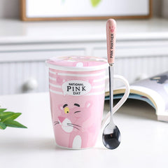 Ceramic Pink Panther Coffee Mug With Spoon Lids Cute Cartoon