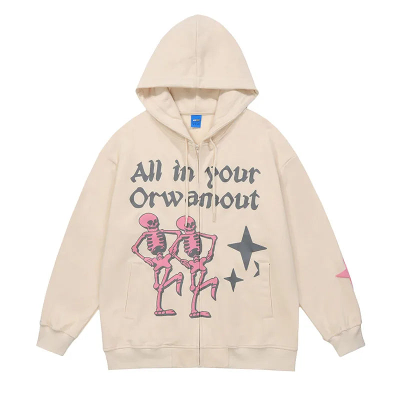 Men Zip Up Hoodie Oversized Skeleton Fashion Graphic Casual