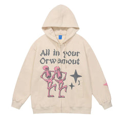 Men Zip Up Hoodie Oversized Skeleton Fashion Graphic Casual