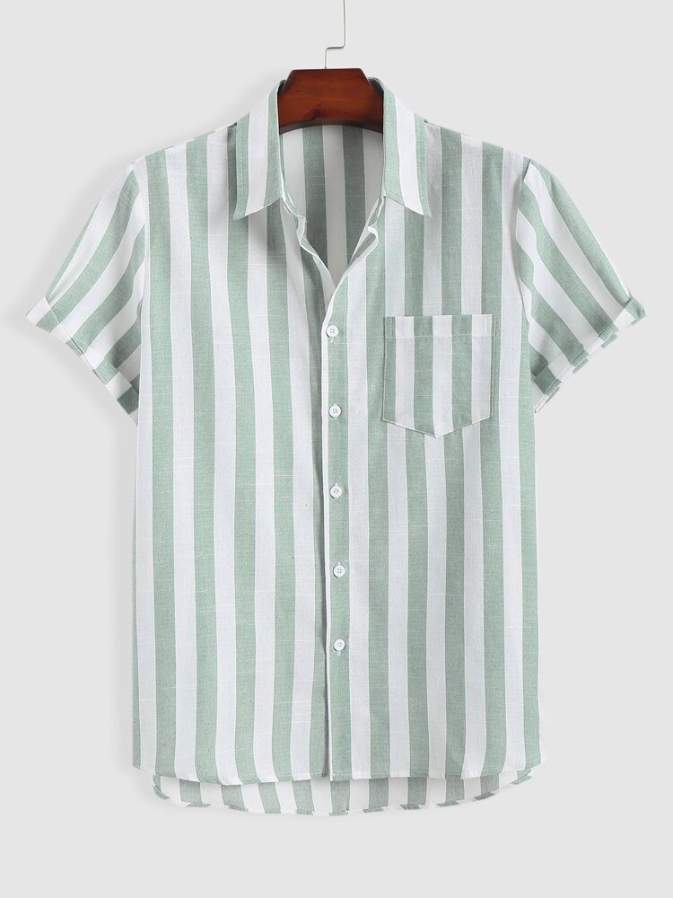 Men's Colorblock Vertical Stripe Short Sleeve Shirt: Summer Streetwear Basic Tops with Turn-down Collar