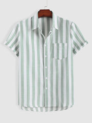 Men's Colorblock Vertical Stripe Short Sleeve Shirt: Summer Streetwear Basic Tops with Turn-down Collar