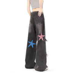 Star Pattern 2024 High Waist Straight Pant Belt Decoration Washed Street Graffiti Raw Edge Splicing