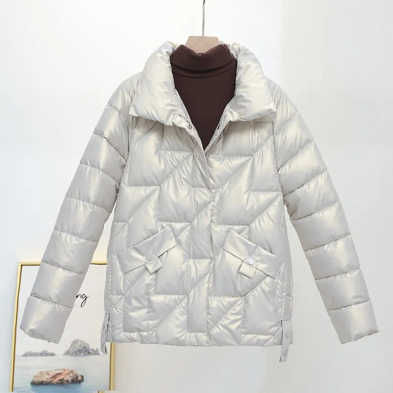Women's Winter Glossy Down Cotton Parka Jacket - Casual Short Coat