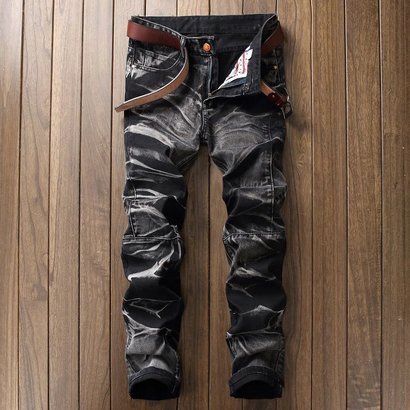 Casual Mid-rise Coated Slim Straight Pleated Biker Jeans Pants