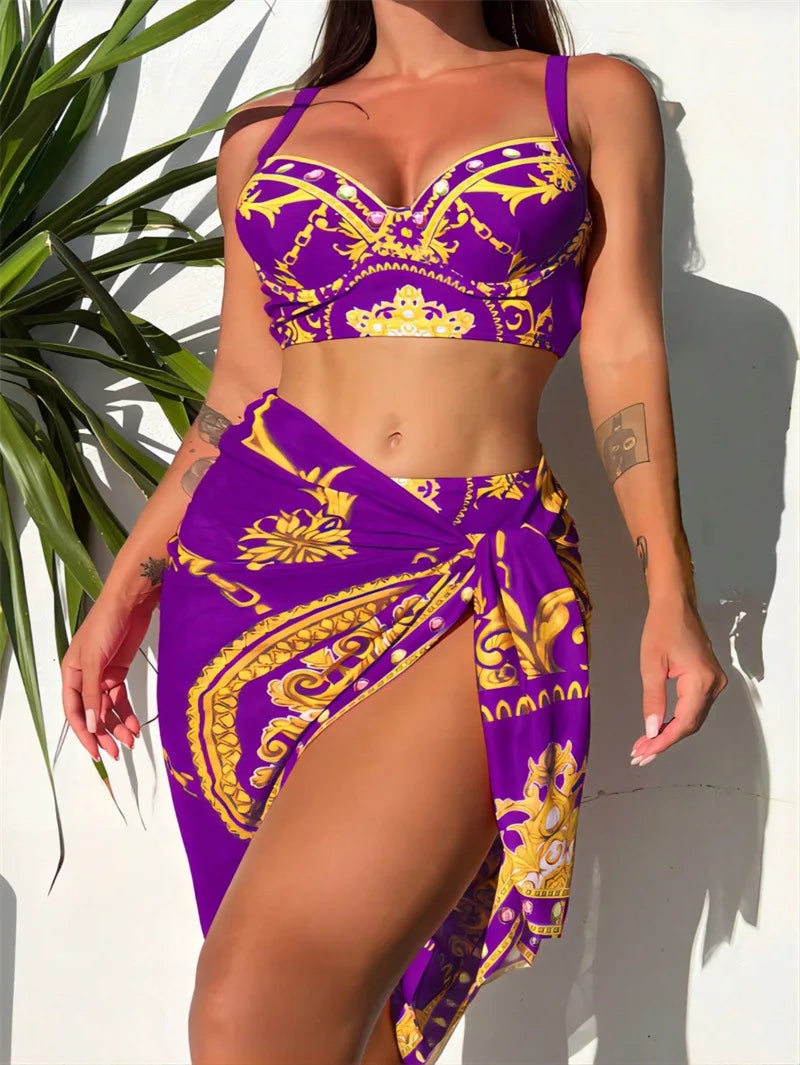 Print 3-Piece High Waist Skirt Bikini Set