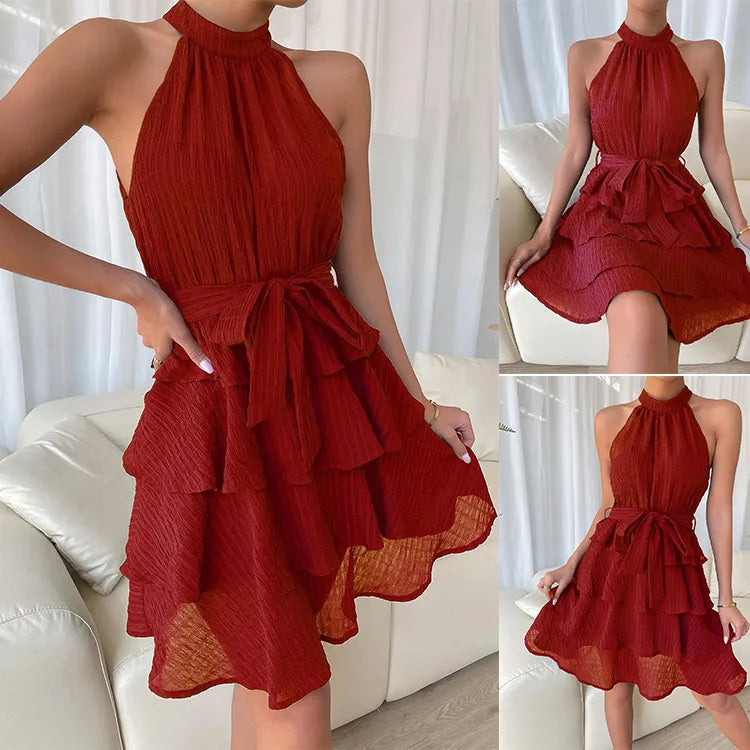 Ruffle Design Dress Halter Neck Dress Casual Sweet Style Dress Grace Sleeveless