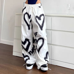 Korean Style Hip Hop Love Graffiti Elastic Waist Wide Leg Pants