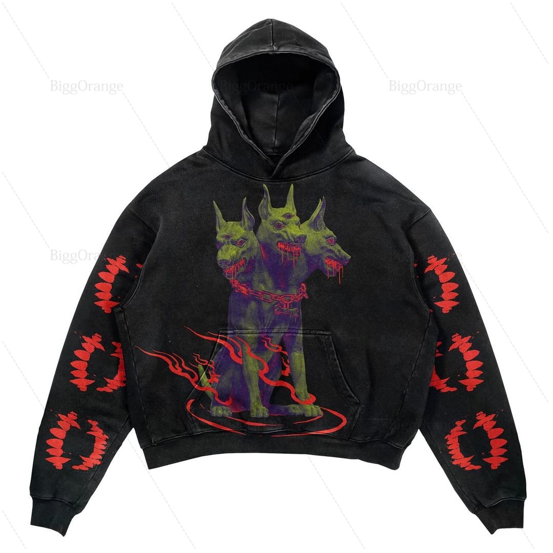 Demon Dog Print Hoodies Women's Retro Streetwear