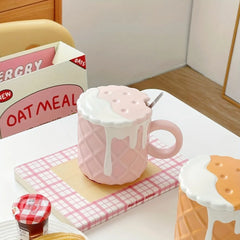 Biscuit Pattern Coffee Mug With Lid And Spoon Kawaii Water Cup Summer Winter