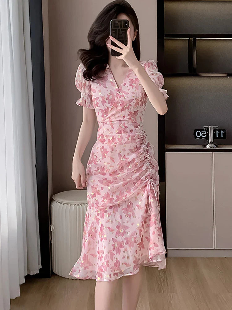 2024 Pink Floral Chiffon Sequins Prom Clothes Women Short Sleeve V-Neck Casual