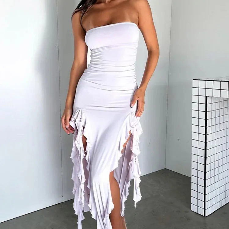 Ruffled Off-Shoulder Midi Dress Elegant Beach Holiday