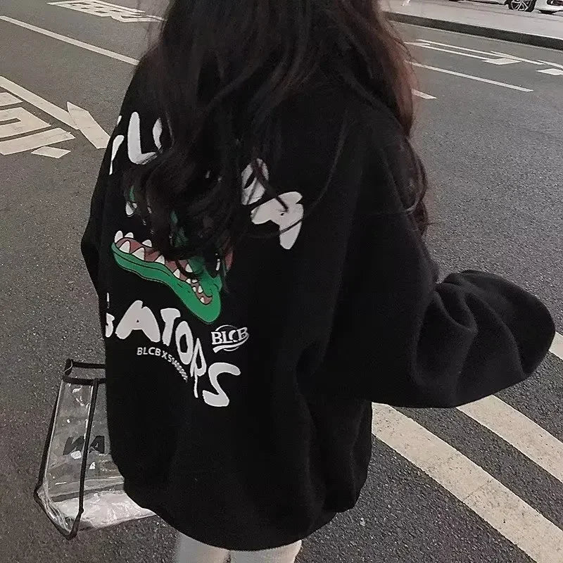 Y2K Crocodile Print Sweatshirt Women's High Street Hip Hop, Vintage Couple Style Top